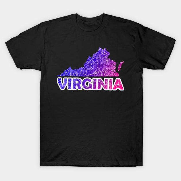 Colorful mandala art map of Virginia with text in blue and violet T-Shirt by Happy Citizen